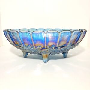 Indiana Glass Iridescent Blue Harvest Carnival Grape Fruit Bowl Footed Vintage